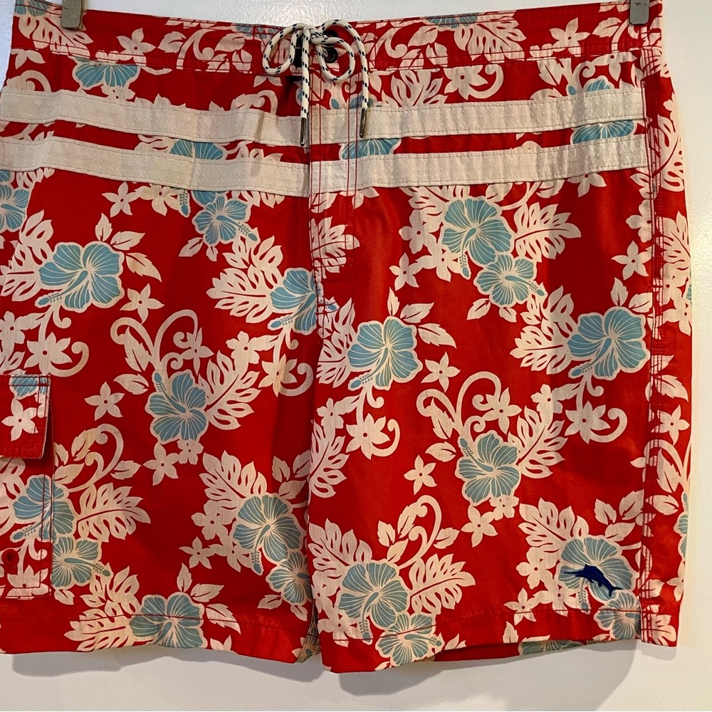 Tommy Bahama Men's Red-Orange Blue Floral Board Shorts Swim Trunks